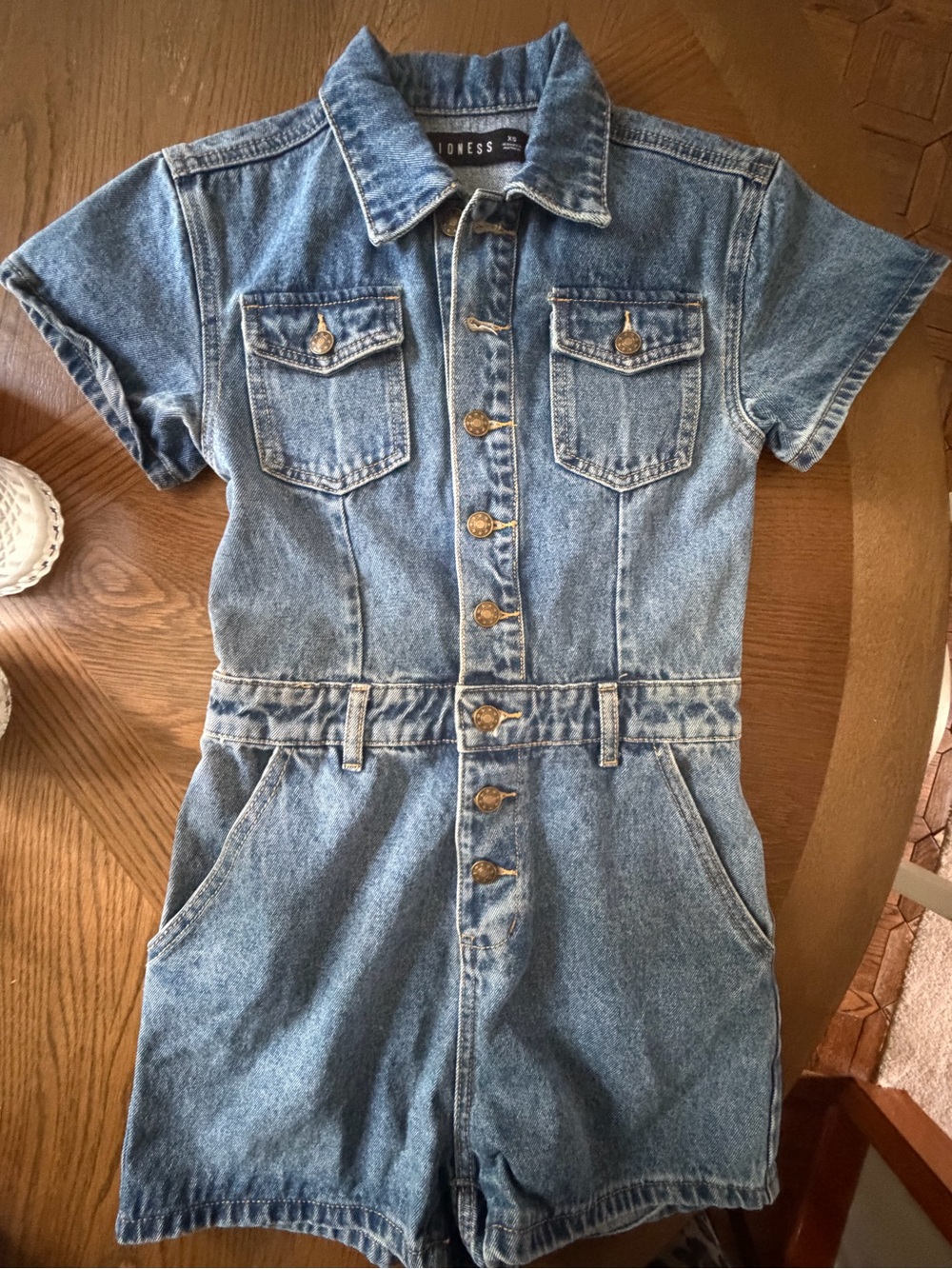 Lioness "U Know What's Up" medium-wash denim romper